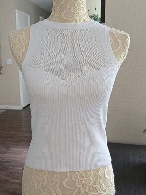 Express White Ribbed Body Contour Mesh Yoke Sweater Tank Top